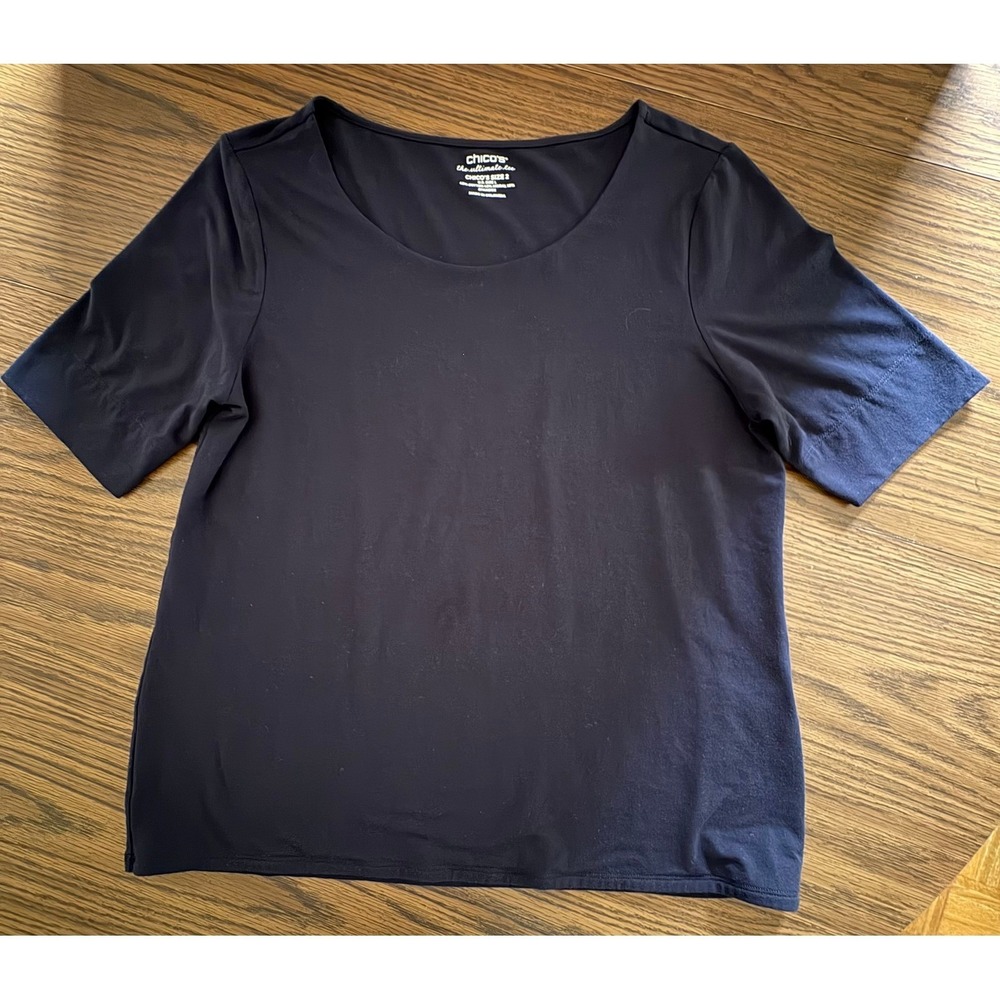 Chicos Women Ultimate‎ Tee Size 2/Large Navy Scoop Neck Short Sleeve Stretch Top